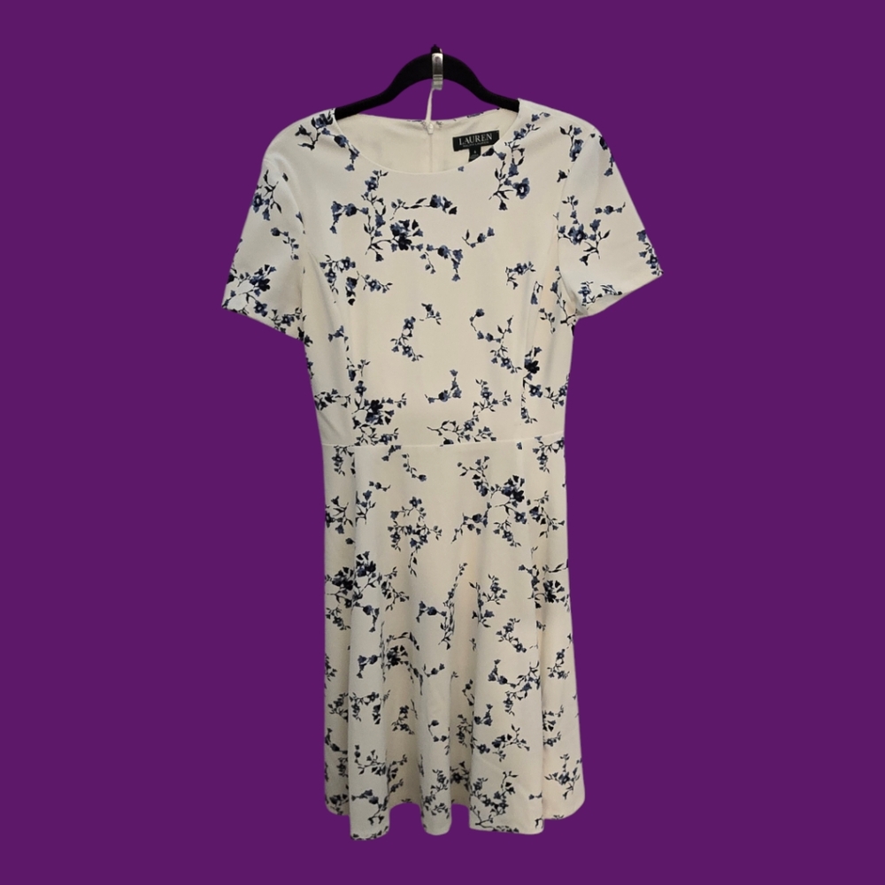 Lauren Ralph Lauren White with Blue Flower Pattern Midi Dress Sz 6